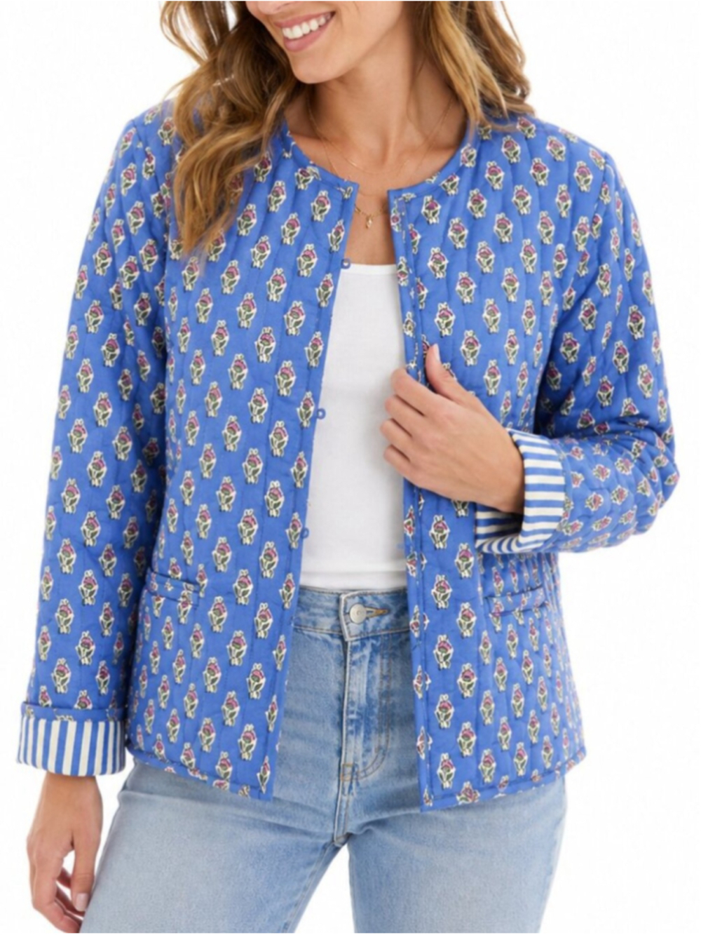 JAPNA Quilted Cotton Floral Jacket Blue Small Block Print Hook Front Cottagecore